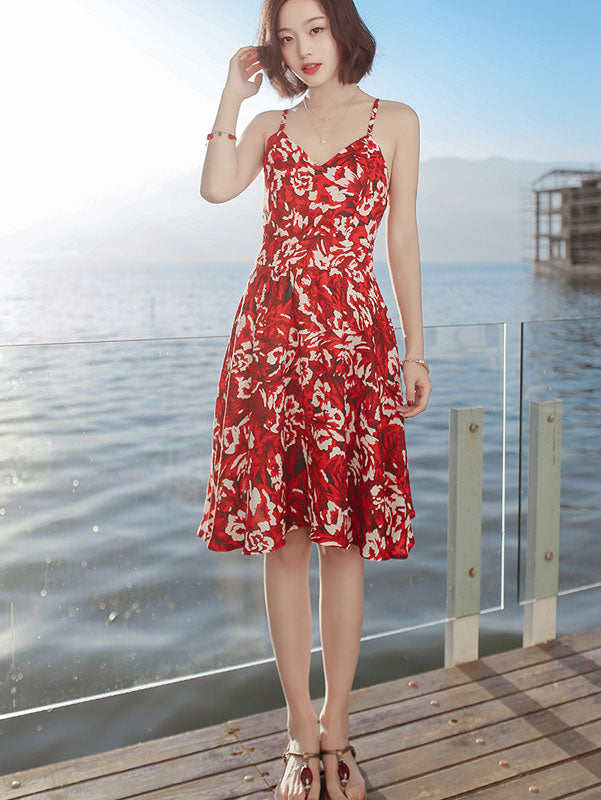 Red Floral Tie Back Short Slip Beach Dress