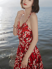 Red Floral Tie Back Short Slip Beach Dress