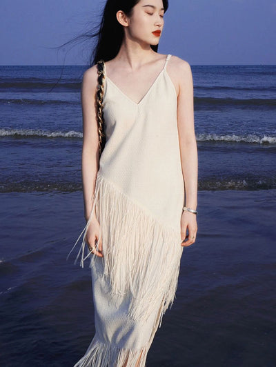 White Tassels Slip Beach Dress 