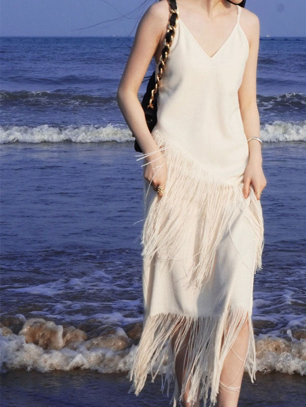 White Tassels Slip Beach Dress 