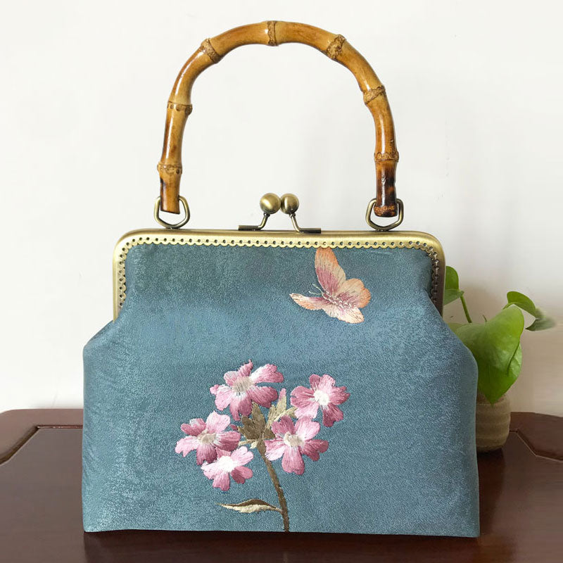 Handmade Blue Embroidered Chain Strap Top Handle Bag