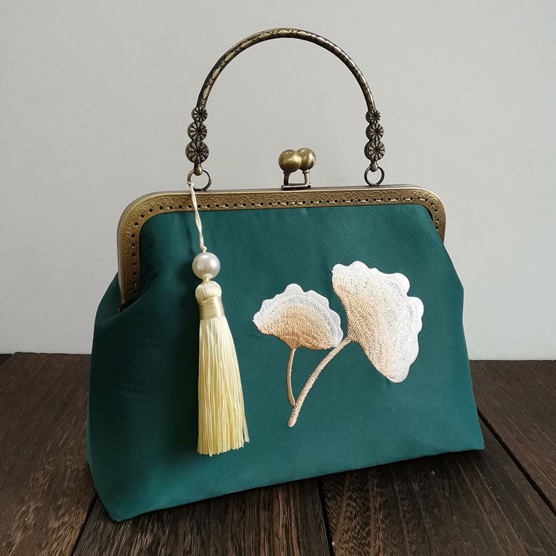 Green Embroidered Handmade Chain Strap Top Handle Clutch Bag