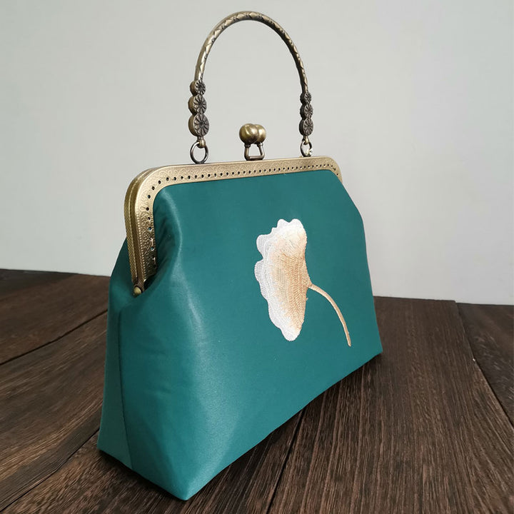 Green Embroidered Handmade Chain Strap Top Handle Clutch Bag