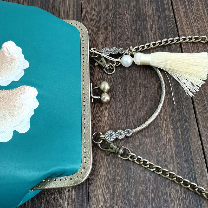 Green Embroidered Handmade Chain Strap Top Handle Clutch Bag