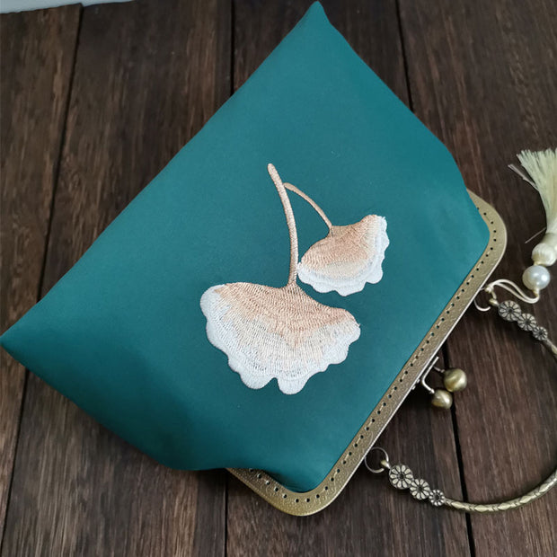 Green Embroidered Handmade Chain Strap Top Handle Clutch Bag