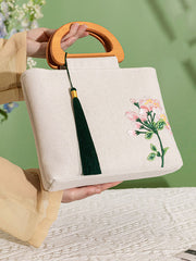 Green Beige Embroidered Linen Wooden Handle Handbag