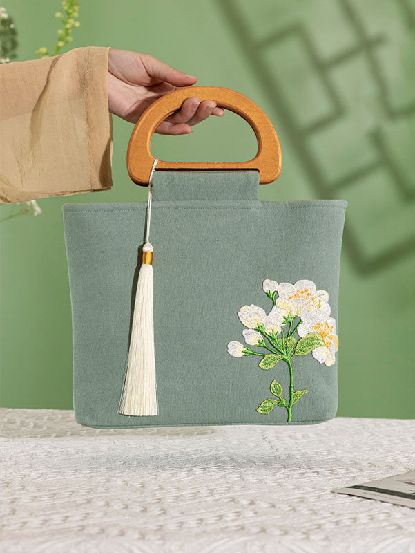 Green Beige Embroidered Linen Wooden Handle Handbag