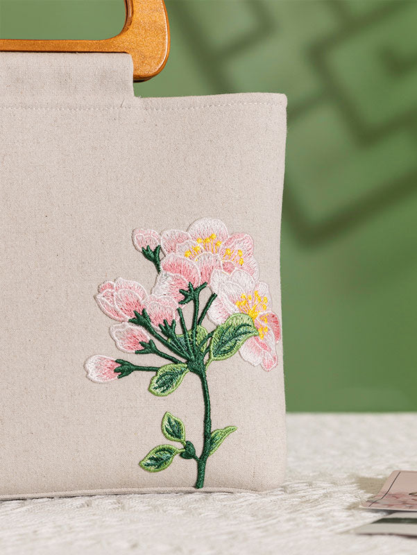 Green Beige Embroidered Linen Wooden Handle Handbag