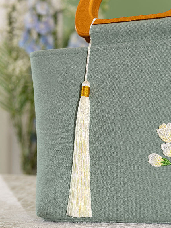 Green Beige Embroidered Linen Wooden Handle Handbag