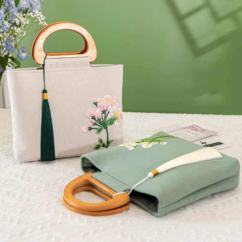 Green Beige Embroidered Linen Wooden Handle Handbag