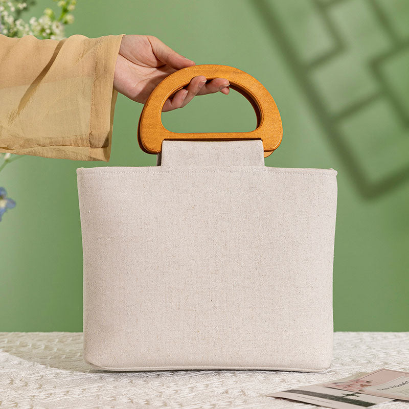 Green Beige Embroidered Linen Wooden Handle Handbag