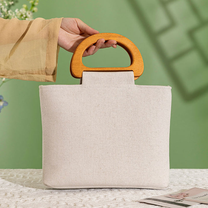 Green Beige Embroidered Linen Wooden Handle Handbag