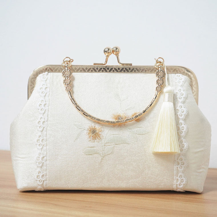White Embroidered Peony Chain Top Handle Clutch Handbag