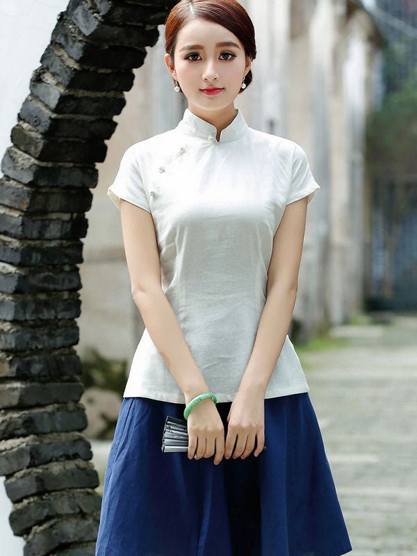 White Linen Qipao Cheongsam T-Shirt Top