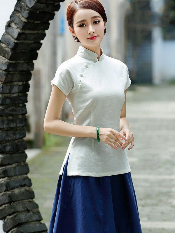 White Linen Qipao Cheongsam T-Shirt Top