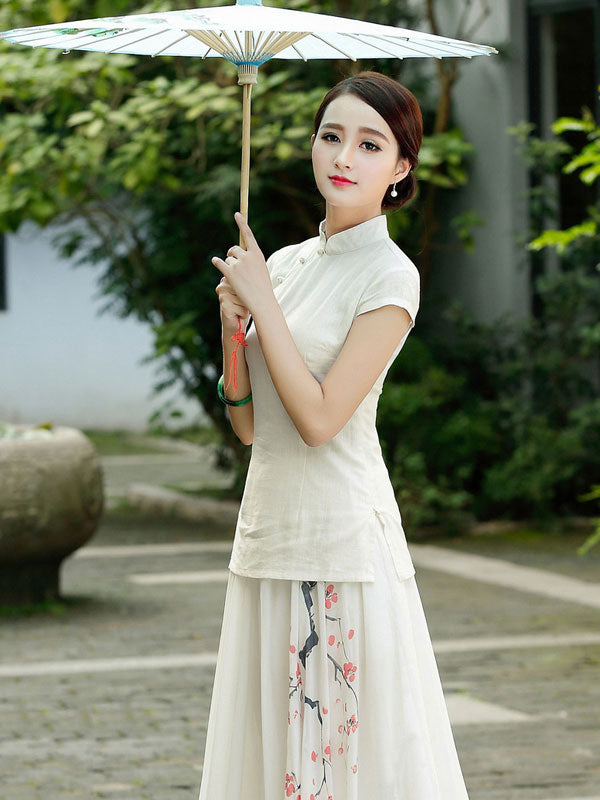 White Linen Qipao Cheongsam T-Shirt Top