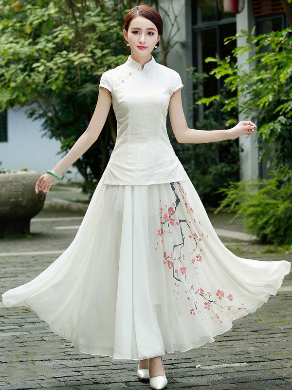 White Linen Qipao Cheongsam T-Shirt Top