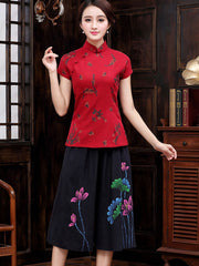 Red Blue Floral Qipao / Cheongsam T-Shirt Top