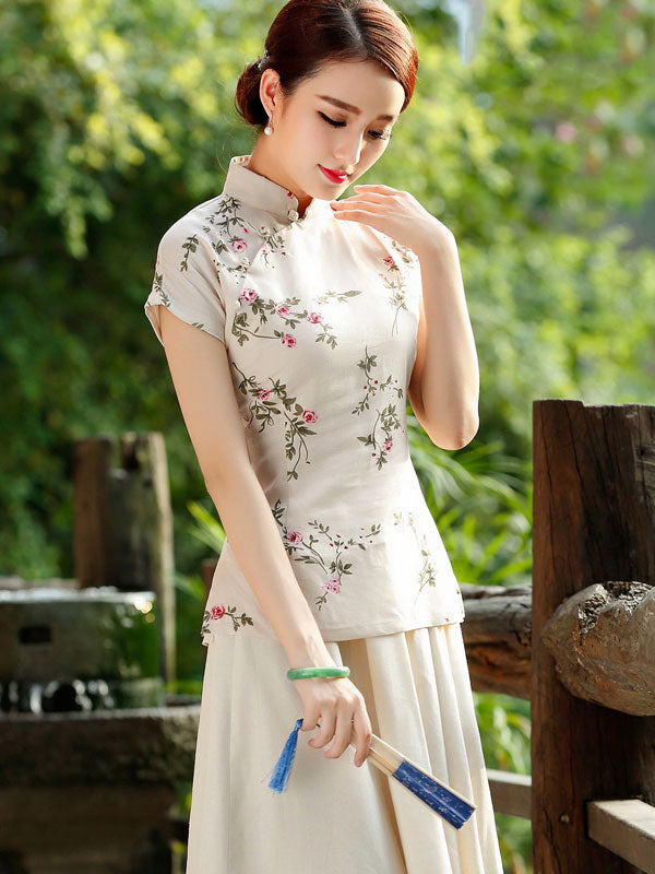 Beige Floral Linen Qipao / Cheongsam T-Shirt Top