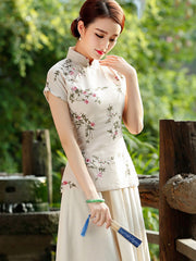Beige Floral Linen Qipao / Cheongsam T-Shirt Top