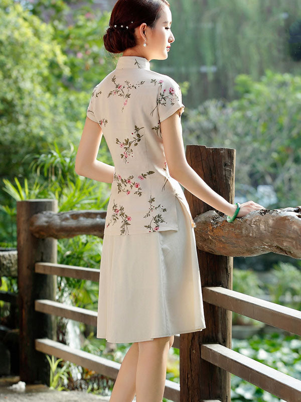 Beige Floral Linen Qipao / Cheongsam T-Shirt Top