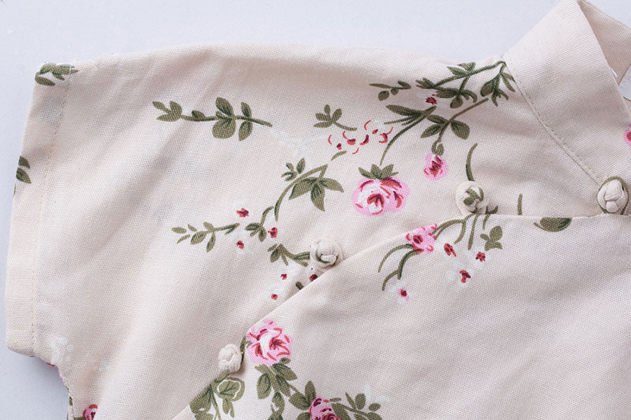 Beige Floral Linen Qipao / Cheongsam T-Shirt Top