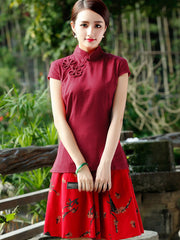 Red Green Linen Qipao / Cheongsam T-Shirt Top