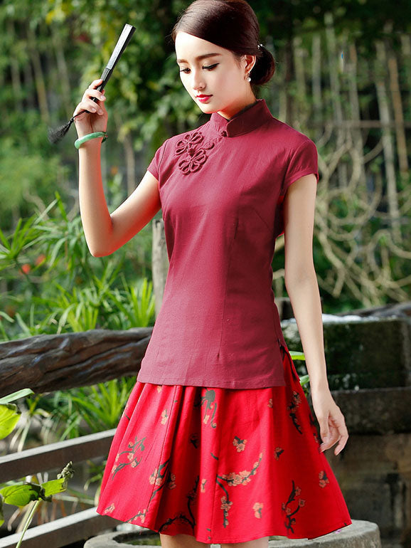 Red Green Linen Qipao / Cheongsam T-Shirt Top
