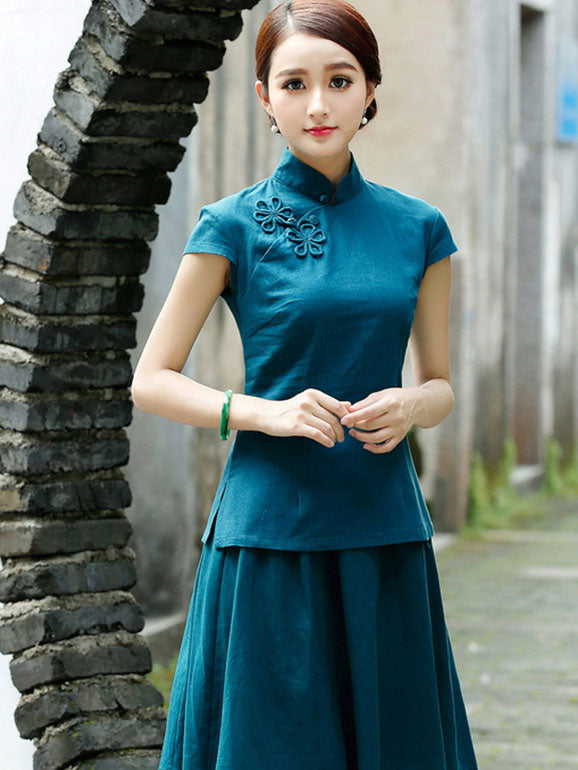 Red Green Linen Qipao / Cheongsam T-Shirt Top
