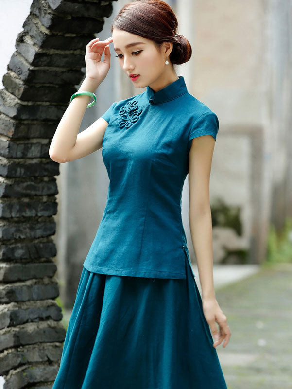 Red Green Linen Qipao / Cheongsam T-Shirt Top