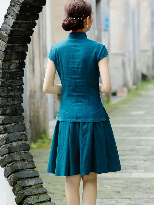 Red Green Linen Qipao / Cheongsam T-Shirt Top