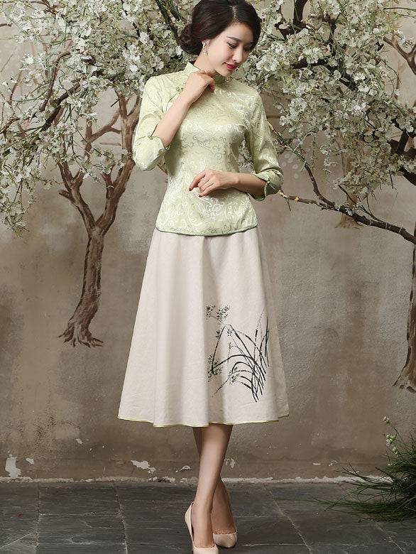 Green White Jacquard Qipao / Cheongsam Top Blouse