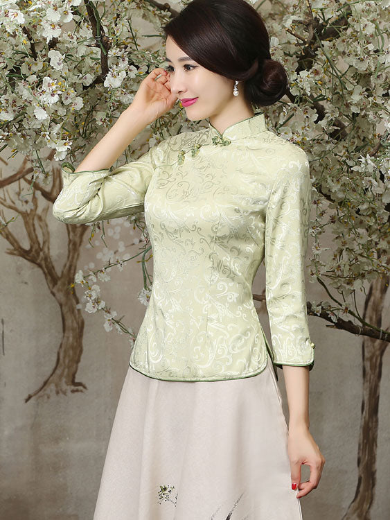 Green White Jacquard Qipao / Cheongsam Top Blouse