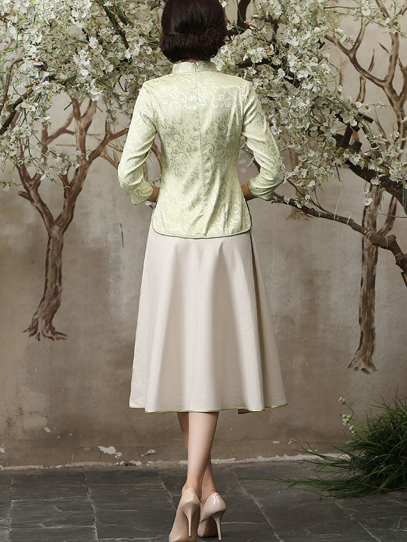 Green White Jacquard Qipao / Cheongsam Top Blouse