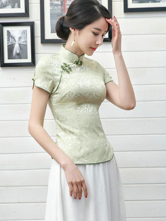 Green White Jacquard Qipao / Cheongsam Top Blouse