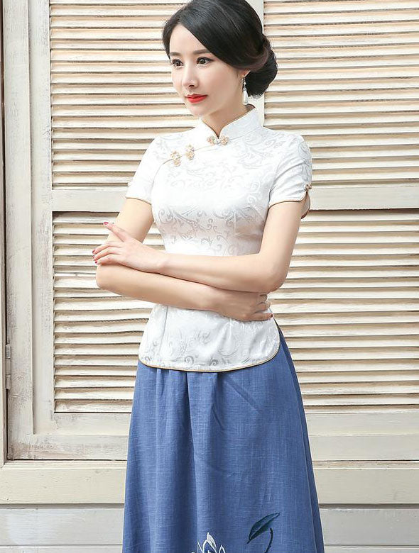 Green White Jacquard Qipao / Cheongsam Top Blouse