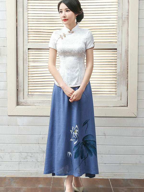 Green White Jacquard Qipao / Cheongsam Top Blouse