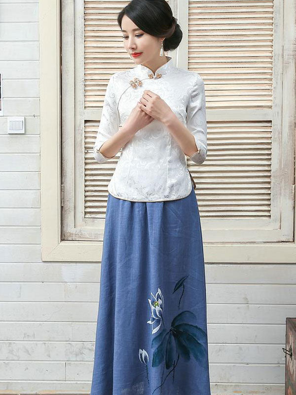 Green White Jacquard Qipao / Cheongsam Top Blouse