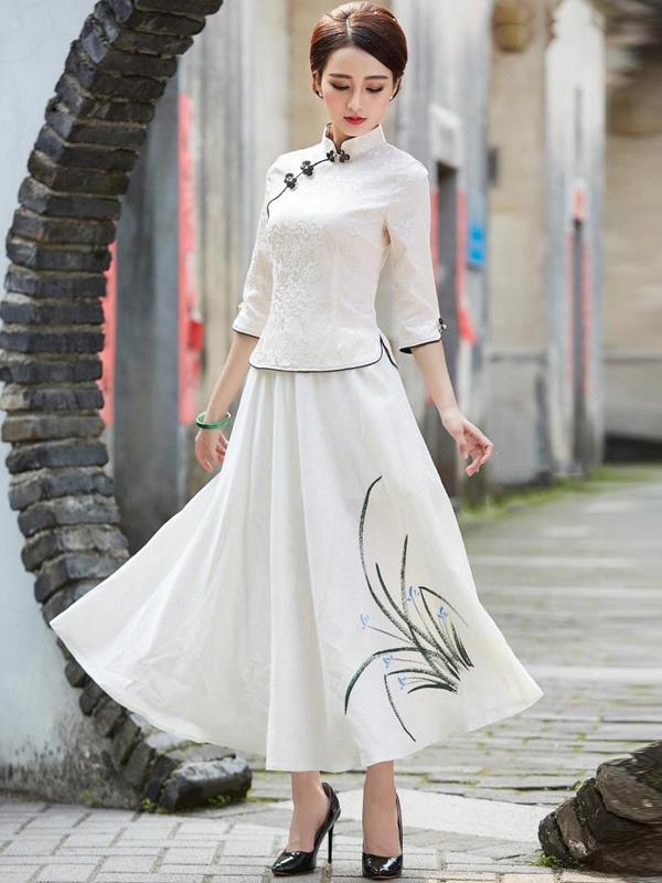 White Black Jacquard Qipao / Cheongsam Top Blouse