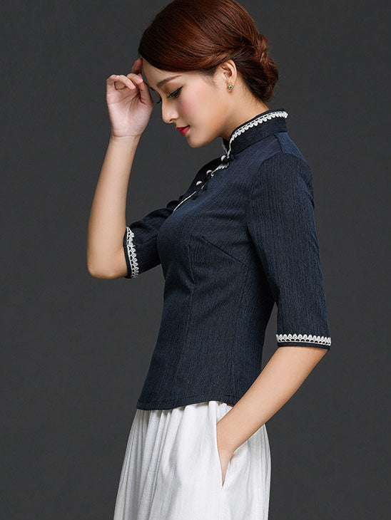 Blue White Linen Qipao / Cheongsam Top Blouse