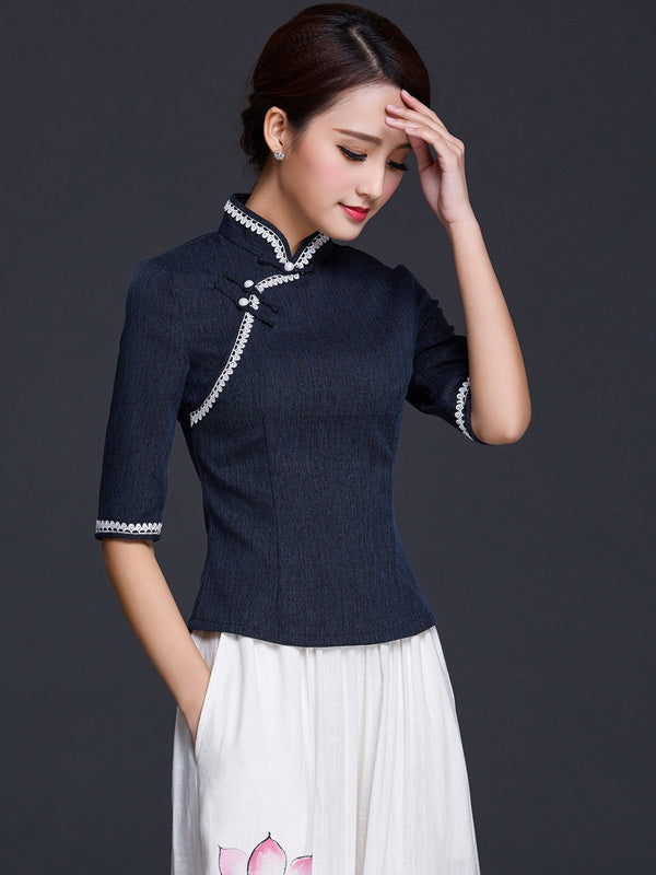 Blue White Linen Qipao / Cheongsam Top Blouse