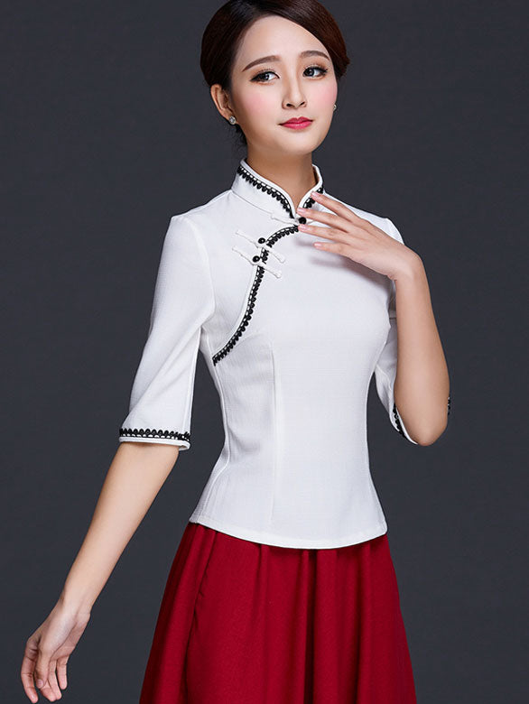 Blue White Linen Qipao / Cheongsam Top Blouse