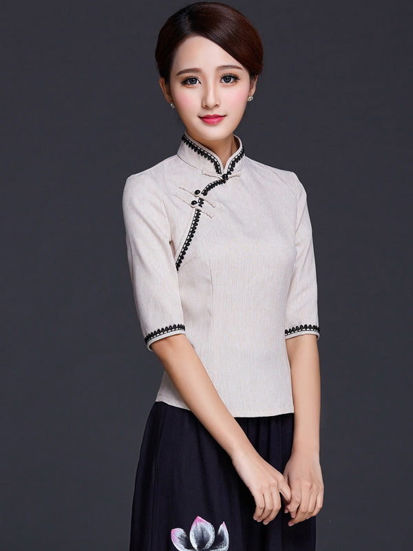 Blue White Linen Qipao / Cheongsam Top Blouse