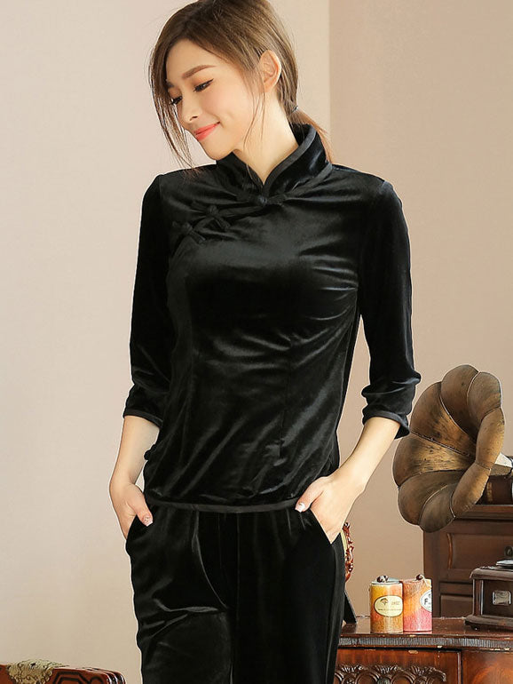 Ritual Black Velvet Qipao / Cheongsam Blouse Top