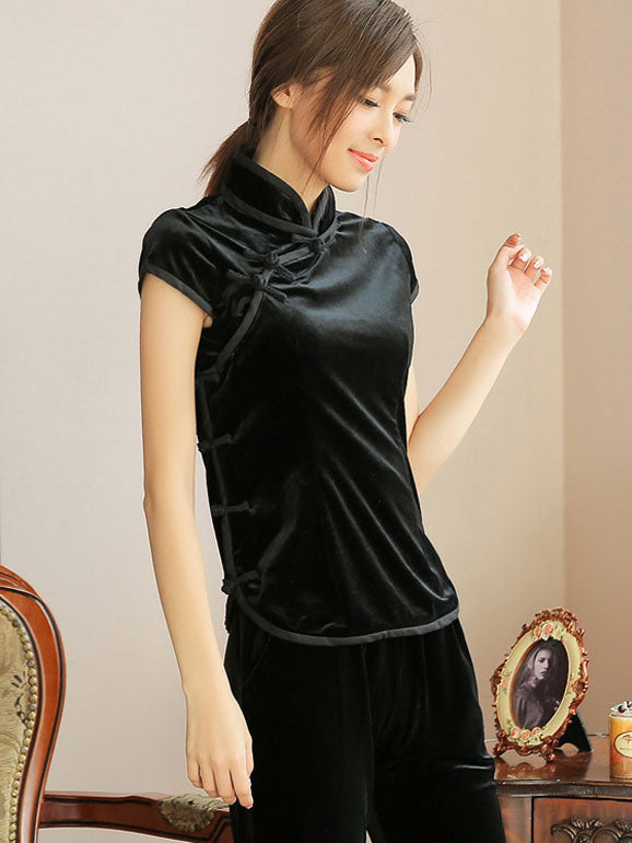 Ritual Black Velvet Qipao / Cheongsam Blouse Top