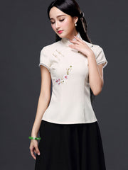 Beige Pink Embroidered Qipao / Cheongsam T-shirt