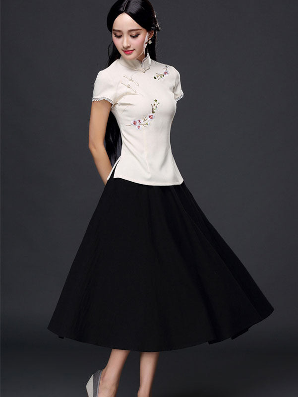 Beige Pink Embroidered Qipao / Cheongsam T-shirt