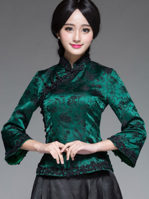 Green Floral Silk Qipao / Cheongsam Top Blouse