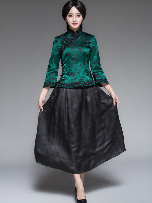 Green Floral Silk Qipao / Cheongsam Top Blouse