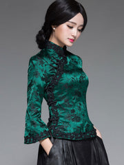 Green Floral Silk Qipao / Cheongsam Top Blouse